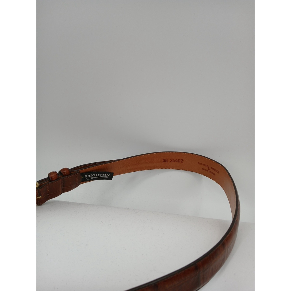 Brighton Belt Brown Embossed Calfskin On Saddle Leather Medium Gold Tone VTG - Picture 3 of 7